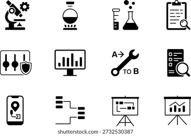 Este conjunto de ícones ilustra vários aspectos da exploração científica, interpretação de dados, gerenciamento de projetos e desenvolvimento de estratégias de negócios.