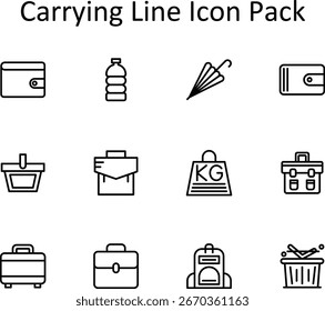 This icon set includes 12 Line-style icons representing Carrying. Great for mobile, web, or app UI.