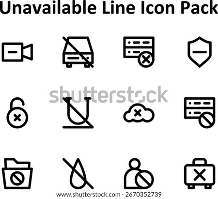 This icon set includes 12 Outline-style icons representing Unavailable. Great for mobile, web, or app UI.