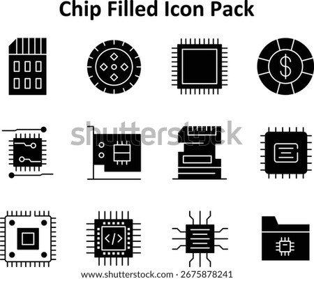 This icon set includes 12 Solid Filled-style icons representing Chip. Great for mobile, web, or app UI.