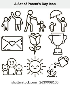 This icon set includes depictions of quality time, like parents and children bonding, coupled with celebratory imagery like roses, trophies, and heart-shaped cards for Parent's Day.