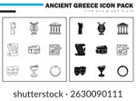 This icon set includes Greek Toga, Lyre, Temple, Papyrus Scroll, Pandora’s Box, Maze, Theatre Mask, Dionysus Grapes, and Ouroboros—symbols of Greek myth, philosophy, art, and ritual.
