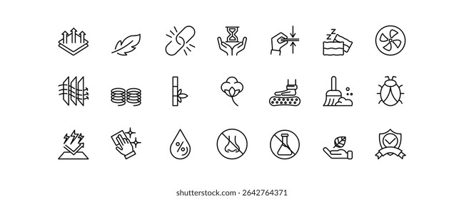 This icon set presents 21 essential mattress features in editable stroke style, perfect for infographics, e-commerce platforms, and bedding-related product presentations.
