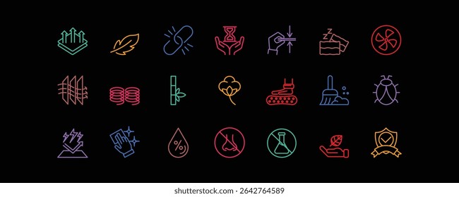 This icon set presents 21 essential mattress features in editable stroke style, perfect for infographics, e-commerce platforms, and bedding-related product presentations.	
