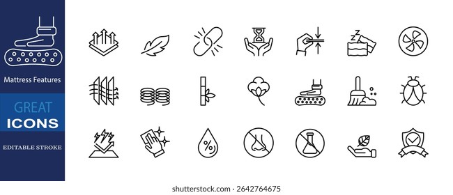 This icon set presents 21 essential mattress features in editable stroke style, perfect for infographics, e-commerce platforms, and bedding-related product presentations.	
