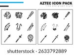 This icon set presents Aztec warfare tools and elite warriors, including the macuahuitl, sling, blowgun, eagle and ocelot warriors, and defensive gear like the chimalli shield.
