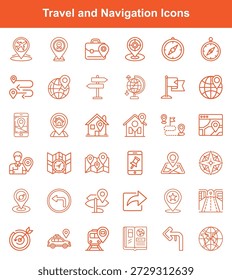 Este conjunto de ícones apresenta vetores delineados relacionados a viagens e navegação. Os elementos incluem aviões, malas, mapas, bússolas, smartphones, carros e outros motivos relacionados a viagens.