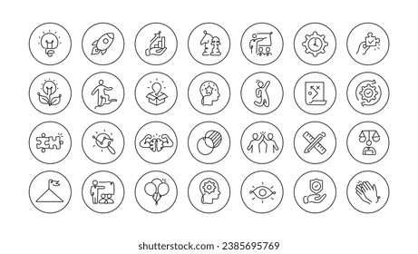 This icon set represents creative business solutions for innovative team management. Use these vector icons to enhance your teams productivity and communication. 