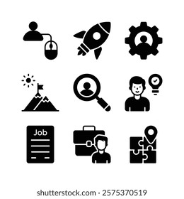 This icon set represents various aspects of career development and job seeking, including online applications
