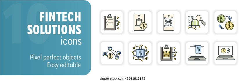This icon set represents various aspects of fintech, showcasing innovation and technology in finance