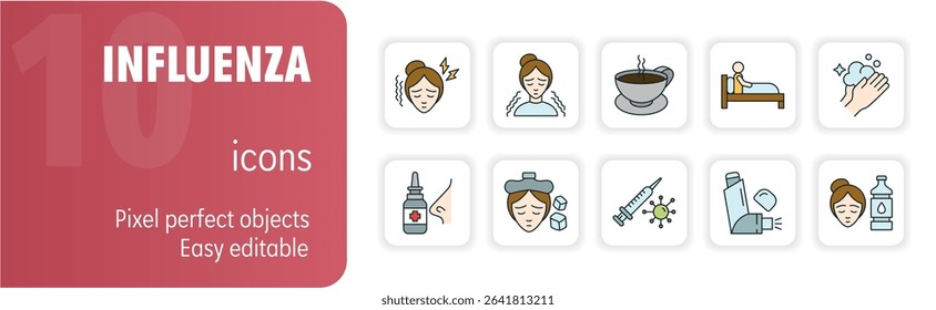 This icon set represents a woman experiencing common influenza symptoms and taking various treatments