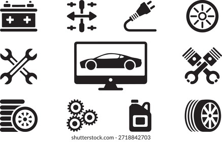 This icon set showcases automobile related parts, featuring a car on a computer screen, tire icons, a battery, an electric plug, and crossed wrenches in a minimalist black style.