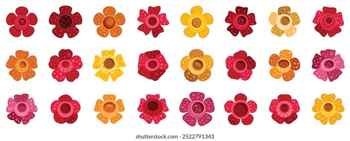 This icon set showcases the rafflesia flower, known for its vibrant colors and unique features