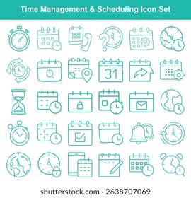 This icon set showcases various time management and scheduling concepts through clean, teal line art, including calendars, clocks, stopwatches, and other productivity-related symbols.