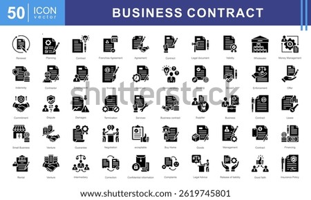 This icon set theme Business Contract is designed to represent important aspects of business documents, agreements, and professional negotiations. These icons are made in a modern and clean style.
