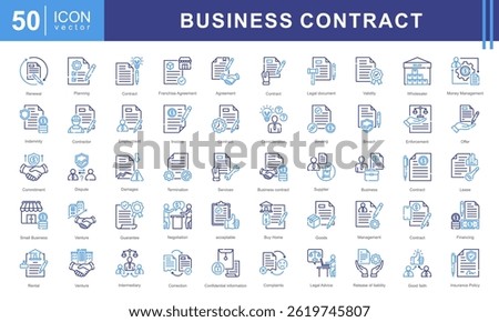 This icon set theme Business Contract is designed to represent important aspects of business documents, agreements, and professional negotiations. These icons are made in a modern and clean style.