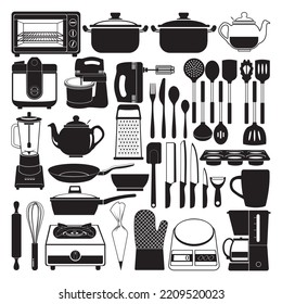 This is an icon set of various kitchen utensils, cutlery and kitchen electronics