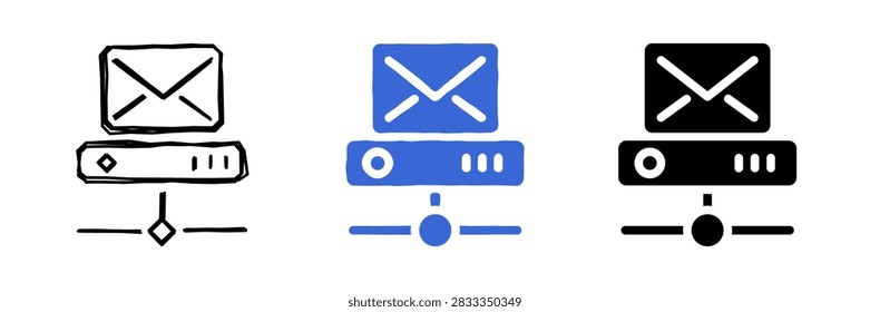 This icon set visually depicts the concept of an email server, symbolizing digital messaging and network connectivity for sending and receiving electronic mail