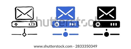 This icon set visually depicts the concept of an email server, symbolizing digital messaging and network connectivity for sending and receiving electronic mail