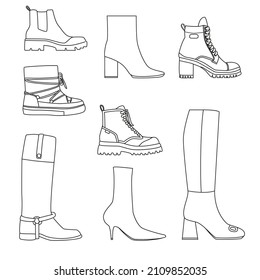 This is icon set of women's shoes for autumn, winter or spring. Line drawings of fashion accessories. Vector illustration.