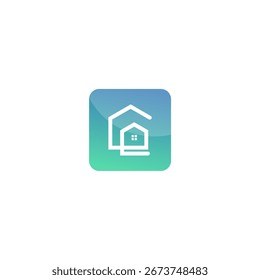 Este icono muestra un diseño limpio y moderno del contorno de una casa dentro de una forma inspirada en un hexágono, que simboliza el hogar, la seguridad y la comunidad. La línea blanca minimalista se asienta en un degradado de azul a gris