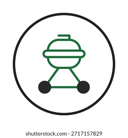 Este ícone mostra uma grade verde dentro de um círculo preto. Ideal para conceitos de cozinha de verão ou ao ar livre. O design representa uma maneira simples de descrever a essência do churrasco e das atividades recreativas.