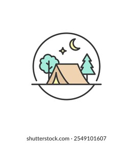 This icon showcases a tent under a crescent moon and stars, surrounded by trees. It highlights the peaceful and adventurous essence of camping travel and nature exploration