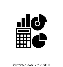 This icon shows a calculator accompanied by a bar graph and two pie charts, all rendered in a solid black silhouette against a transparent background.