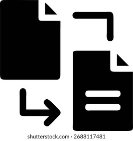 Este icono muestra un proceso de transferencia de archivos. Presenta dos documentos conectados por una flecha, que simbolizan el movimiento o intercambio de datos entre dos ubicaciones.