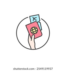 Este icono muestra una mano que sostiene un pasaporte y una tarjeta de embarque, simbolizando los viajes internacionales y la emoción de las nuevas aventuras. Su diseño minimalista captura la esencia de la preparación del viaje