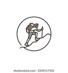 This icon shows a person ascending a steep hill with a backpack and walking stick, emphasizing the thrill of outdoor adventure and exploration. Ideal for inspiring travel activity