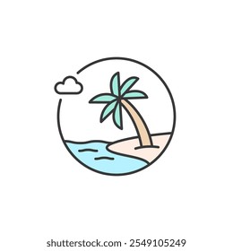 This icon shows a tranquil beach scene with a palm tree, gentle waves, and a small cloud, framed in a circle. It evokes the serene and relaxing vibes of coastal travel
