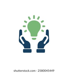 This icon shows two hands cradling a glowing light bulb, symbolizing innovative ideas and strategic thinking, ideal for conveying creativity and guidance across various industries