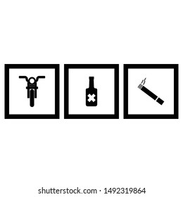 
this is an icon or symbol of dangerous activities describing motorbikes, alcohol and smoking