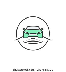 Este icono simboliza la tecnología de conducción autónoma. El coche se muestra con líneas que indican sensores o radar, enfatizando la innovación en los vehículos autónomos.