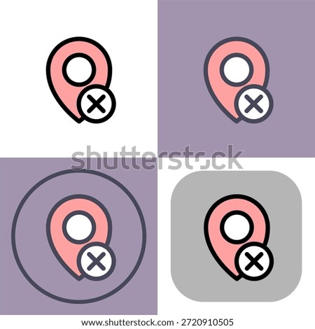 This icon symbolizes the removal or cancellation of a location marker- ideal for navigation apps or maps. It is a simple yet effective visual representation of deleting a saved location.