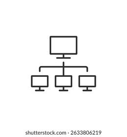This icon symbolizes a strong work safety network with a central computer linked to multiple workstations, highlighting the importance of connectivity and communication for a safe workplace