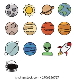 This is an icon that contains stuff from space, starting from all of the eight planets in the solar system, the natural satellites, a friendly alien and an astronaut.