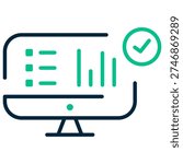This is an icon that represents the combination of a computer screen with data visualization and a checkmark. It typically signifies the completion or approval of a task involving analysis or reporting, often used in contexts such as software applications for project management, business analytics, or quality assurance to indicate successful validation or confirmation of data.