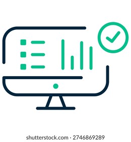 This is an icon that represents the combination of a computer screen with data visualization and a checkmark. It typically signifies the completion or approval of a task involving analysis or reporting, often used in contexts such as software applications for project management, business analytics, or quality assurance to indicate successful validation or confirmation of data.