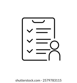 This icon visually represents a checklist with several check marks next to a simple user figure, effectively symbolizing the concept of surveys or feedback in a more engaging and relatable manner