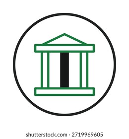Esta ilustração icônica apresenta uma estrutura arquitetônica estilizada fechada dentro de um círculo, representando os fundamentos do direito, da justiça e da autoridade governamental. O design minimalista