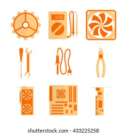 This icons set includes basic tools and hardware for computer repair