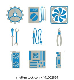 This icons set includes basic tools and hardware for computer repair