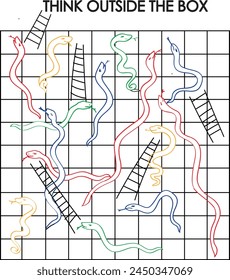 This illustration’s idea is thinking outside the box the game represents life snakes represent life's challenges and ladders are our fights for a better life but the winner is who thinksOUTSIDETHEBOX