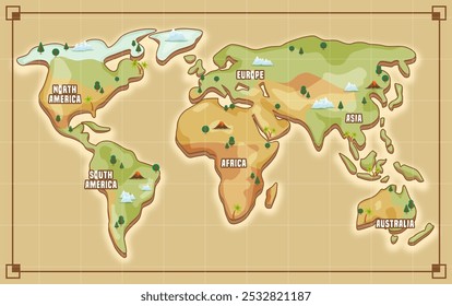 Este mapa de mundo ilustrado apresenta continentes simplificados com árvores, montanhas e etiquetas para cada região, projetados em um estilo de desenho animado para uso divertido ou educacional.