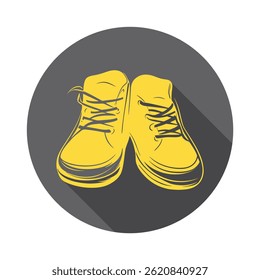 This illustrates yellow cartoon shoes with gray laces, with the footwear set against a long shadowed gray background for contrast.