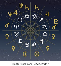 Dies ist eine Illustration der 12 Zeichen des Zodiaks und ihrer Sternzeichen