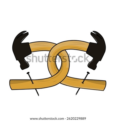 This is an illustration of 2 hammers that have nails hammered into the handle of the hammer itself forming the letter x.