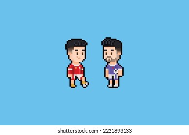 Esta es una ilustración de 2 futbolistas, lindos y chibi, en estilo de arte de píxeles. Estos dos futbolistas son rivales, el jugador 1 lleva un uniforme azul y el jugador 2 lleva un uniforme rojo, jugarán a la pelota